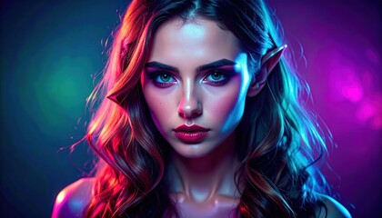 Fototapeta premium Enchanting Elf Woman with Piercing Eyes and Wavy Hair, Illuminated by Neon Lights