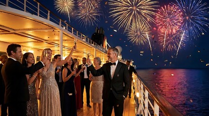Obraz premium Celebration on ship deck with fireworks over water at night
