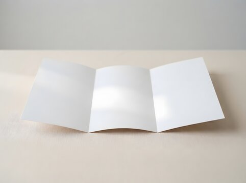 Blank trifold brochure mockup on a light beige surface for design presentation
