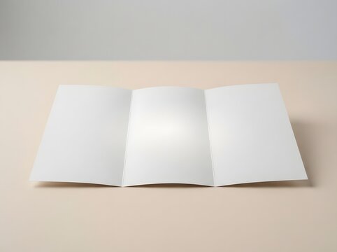 Blank trifold brochure mockup on a light beige surface for design presentation
