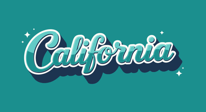 California text in retro cursive style, teal and white, vintage vibe, graphic design