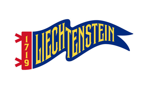 A flat, minimalist vector illustration of a blue pennant flag featuring the word "LIECHTENSTEIN" in yellow, with a red vertical header displaying the year "1719" and simple mounting ties.