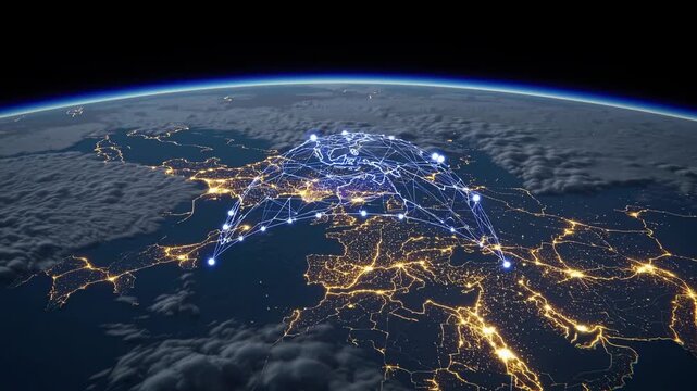 Global network connections illuminated over Europe at night, showcasing vibrant city lights and intricate data pathways across the continent from a satellite perspective