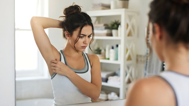 Woman checking armpit sweat and body odor in mirror