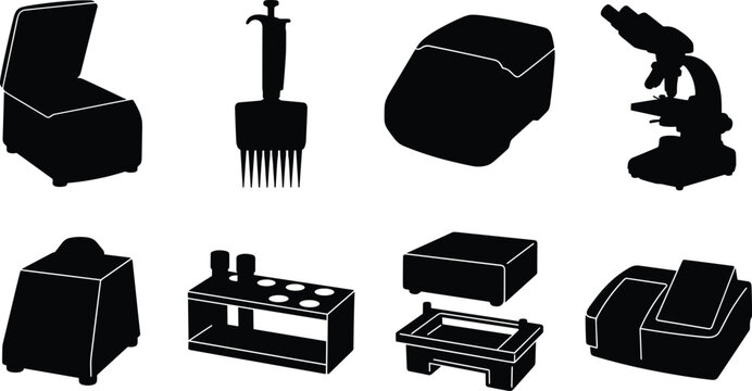 Laboratory Equipment Silhouette Vector Icon Collection for Scientific Research and Medical Testing