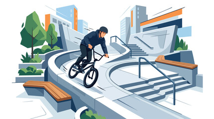 Obraz premium A BMX cyclist performing a trick on a concrete urban skate park ledge.