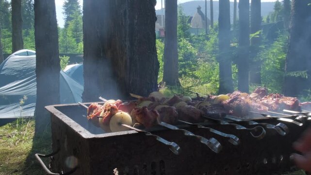 A horizontal close up tracking shot of delicious shashlik pork skewers cooking over hot coals in a sunny pine forest, perfect for family picnic storytelling and summer food advertising.