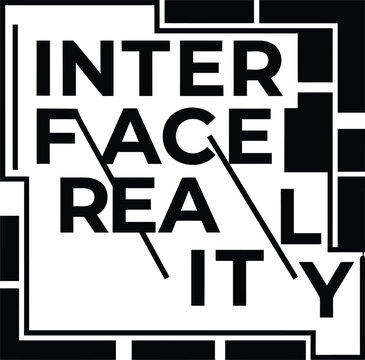Minimalist sketch layout poster featuring the words interface and reality sliced by sharp diagonal black lines.
