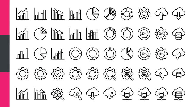 Minimalist business data visualization icons, 50 outline vector elements for financial analytics. Modern line art charts and cloud computing symbols for dashboard UI design.