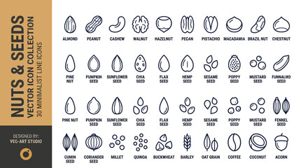 Minimalist nuts and seeds vector icon collection, 30 line icons of organic superfoods, healthy snack and grain symbols for packaging design © Seli