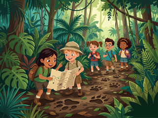 Obraz premium Four explorers navigate a jungle trail, studying a map and tracking animal footprints. A vibrant, adventurous scene perfect for educational or travel themes.