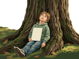 A frustrated young boy rests against a tree, sketching in a notebook outdoors. He appears tired of traditional lecturing. A peaceful, illustrative scene.