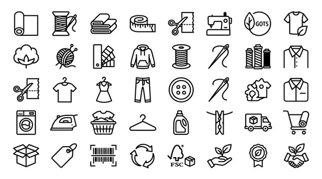 Sustainable textile and garment manufacturing icons, 40 line vector elements for fashion industry, ethical clothing production and laundry symbols