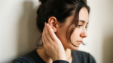 Fototapeta premium Woman with hand on ear, hearing loss or ear pain concept