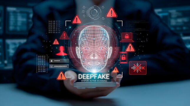 Close-up of a person's hand with a digital deepfake warning interface on their palm, surrounded by alert symbols and a futuristic background with code