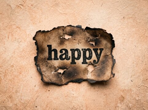 Burnt paper with "happy" text, symbolizing fading joy, Concept, A visually striking image showing the word happy printed on scorched paper, highlighting themes of ephemeral emotions or lost happiness.