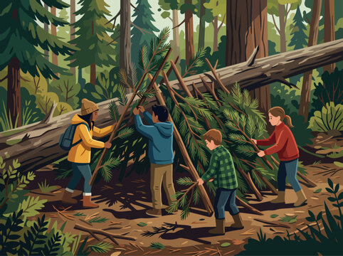 A group builds an emergency branch lean-to in a forest. Diverse individuals work together, demonstrating survival skills and teamwork.  Illustrative style.