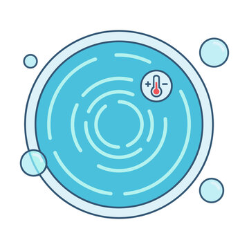 Clean flat design icon of a circular outdoor hot tub with water ripples and bubbles, isolated on white. Wellness and relaxation concept