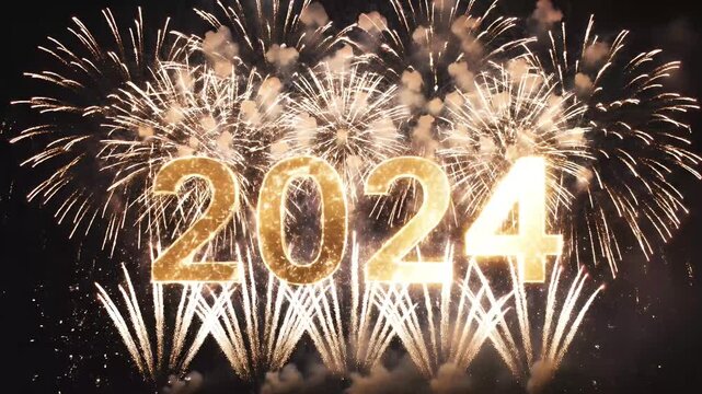 Bright 2024 New Year celebration fireworks display, vibrant colors exploding in night sky