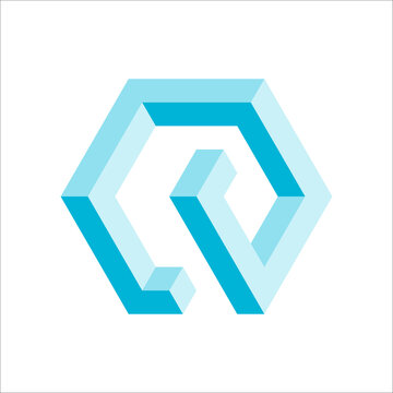 Blue isometric impossible hexagon optical illusion