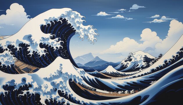 Japanese woodblock print of a crashing ocean wave in deep navy and white foam, Hokusai inspired