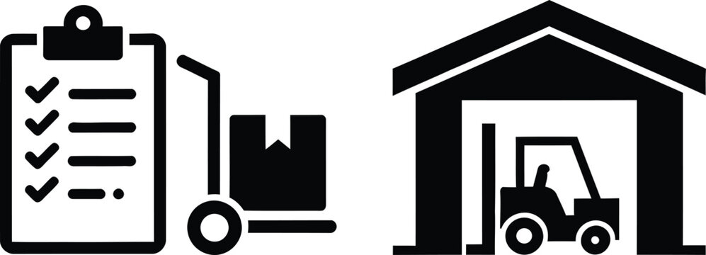 Warehouse inventory checklist and forklift icon set