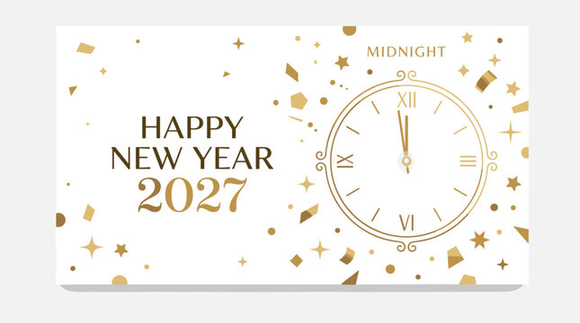 Happy new year 2027 clock striking midnight with confetti