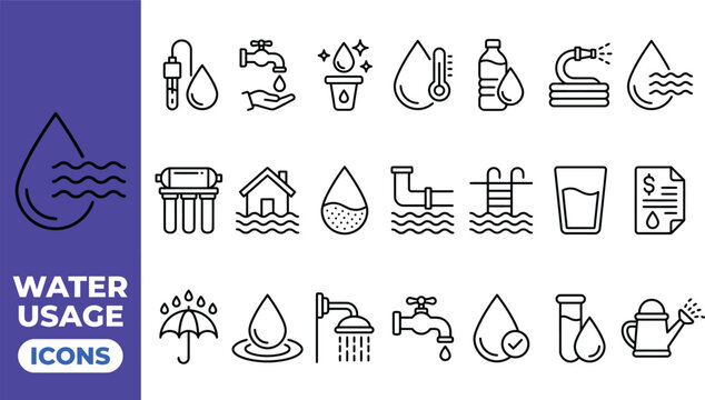 Water usage and conservation icon set featuring faucets drops plumbing and environment protection symbols, plumbing
