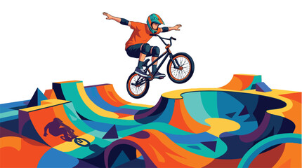 Obraz premium A BMX cyclist performing a high jump stunt on a bike.