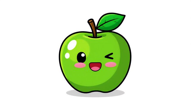 Cute animated green apple character with happy face, pixel art style, vibrant, fresh, fun, food illustration, healthy eating
