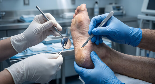 Medical professional using scalpel to treat thick calloused skin on foot during procedure in clinical setting.