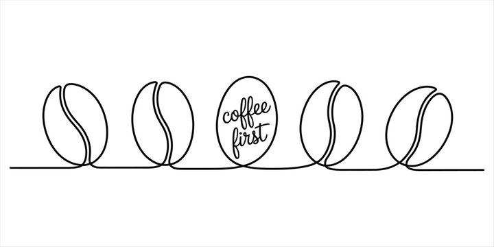 Continuous line art of coffee beans with the text coffee first in a row for cafe decor and simple minimal kitchen logo design element