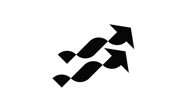 Minimalist black double wavy arrow logo design, abstract geometric dynamic parallel paths upward trend icon, modern corporate business financial growth brand symbol isolated