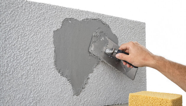 Closeup of a hand applying textured plaster to a wall surface with a trowel tool transparent background