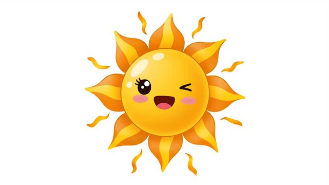 Animated cute sun character winking and smiling, happy weather icon, bright yellow and orange rays, simple cartoon style