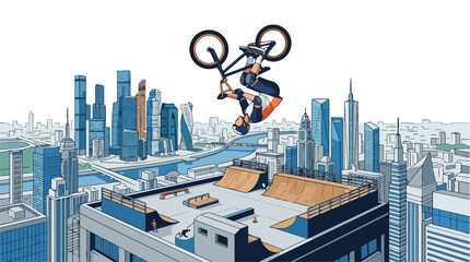 Obraz premium A talented BMX rider performing a backflip stunt on a rooftop skatepark.
