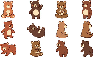 Fototapeta premium Cute Chibi Bear Character Set Featuring Kawaii Animals Waving Sitting Rolling and Holding Flowers for Kids Books Stickers and Baby Shower Designs