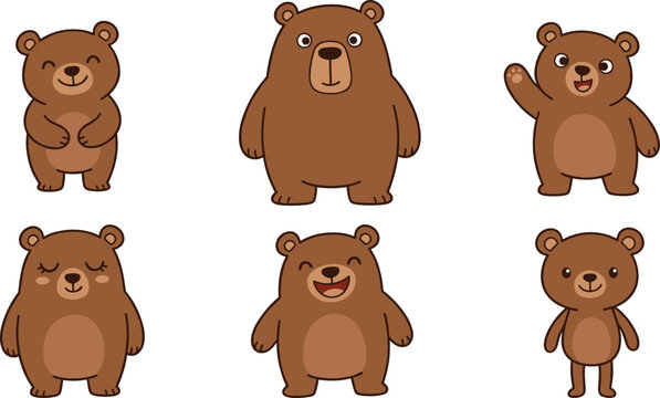 Playful Collection of Sweet Brown Bear Characters with Various Expressions and Sizes Ideal for Preschool Learning Activities and Toddler Room Art Prints