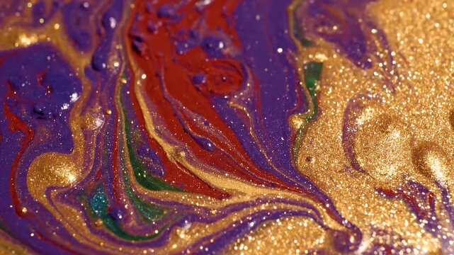 Swirling paint mixture of gold glitter, purple, and red, abstract fluid motion creating mesmerizing marbled patterns
