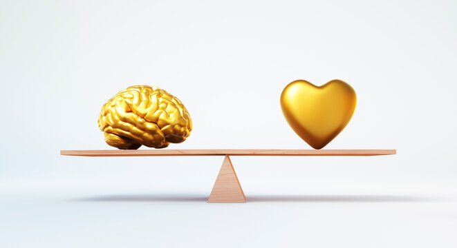 Golden heart and brain balance on wooden seesaw representing emotion and logic on white background - 3D illustration