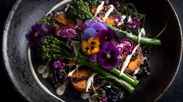 Roasted sweet potato and broccolini grain bowl with edible pansy flowers, purple cabbage, toasted grains and creamy dressing, artful plated composition conveying fresh, vibrant, elegant dining