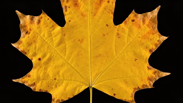 Green maple leaf detail isolated on black, showing vein texture, nature, flora, autumn