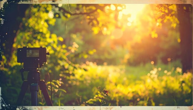 DSLR Camera on Tripod Capturing Golden Hour Sunlight in a Lush Green Meadow, Bokeh Effect