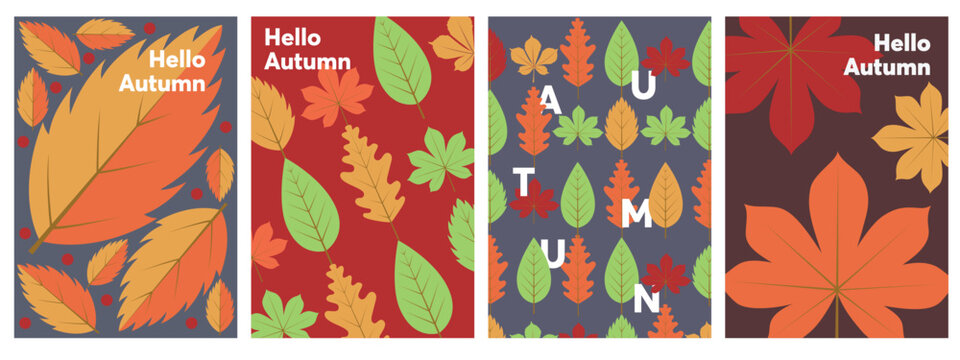 Hello Autumn. Autumn sale. A set of simple flat vector illustrations. Background patterns hello autumn, autumn sale, seasons. Perfect background for banner, poster, flyer, cover.