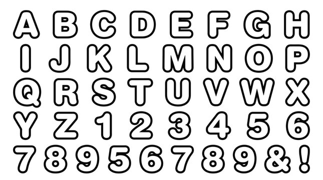 Alphabet and Number Set, BoldOutline, White Background, Graphic Font