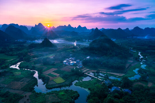Sunset karst rural scenery viewed from Wuzhi Mountain, Guilin Guangxi China