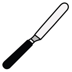 Fototapeta premium Vector illustration of a classic butter knife or icing spatula with black handle and grey blade, isolated on a white background. Line art icon of kitchen cutlery, spreading tool for food, baking.