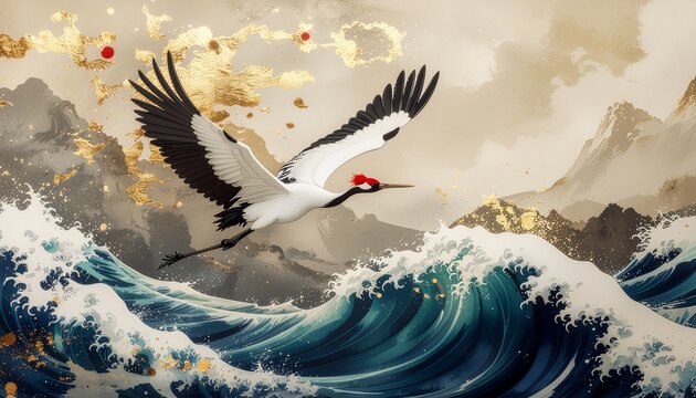 Ukiyo-e style red-crowned crane flying over waves on a gold background, auspicious Japanese art