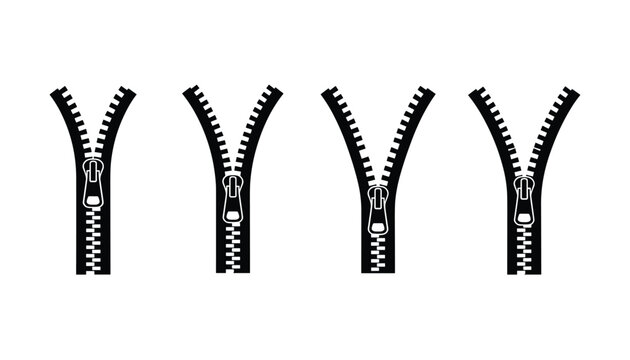 Four stylized black zipper icons shown in various stages of being open or closed on a plain white background for fashion design.