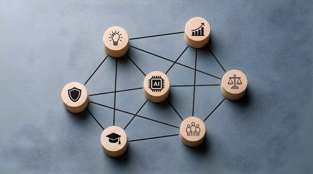 Business network connections and partnerships represented by wooden blocks with icons and lines on a gray background